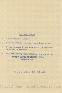 Electric football Tudor Press-on Number sheet - back