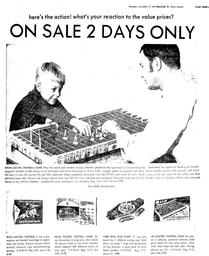 Electric football newspaper ad Thanksgiving Day 1969