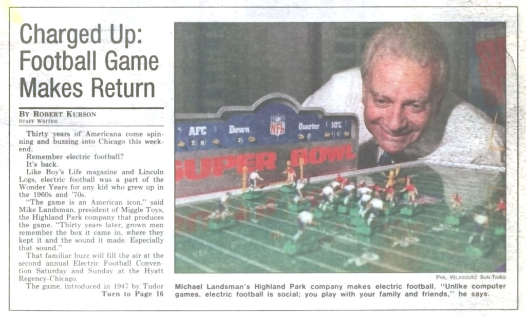 <img alt="1996 Miggle Electric Football Convention Chicago Sun Times page 1">