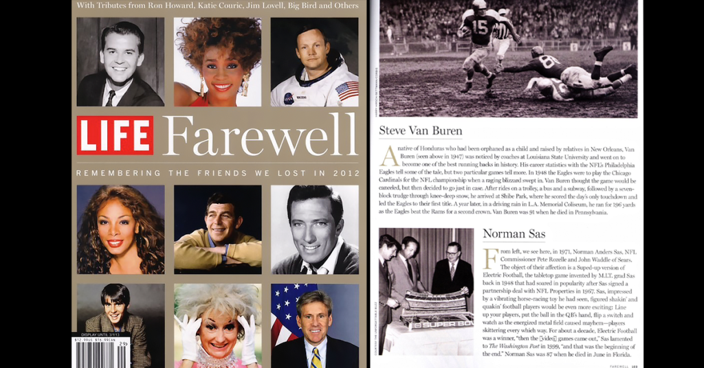 <img alt="Life 2012 Farewell Edition Honors Electric Football Inventor and former Tudor President Norman Sas">