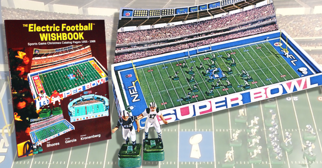 <img alt="1969 Sears-exclusive Tudor Super Bowl Electric Football game and the cover of the Electric Football Wishbook">