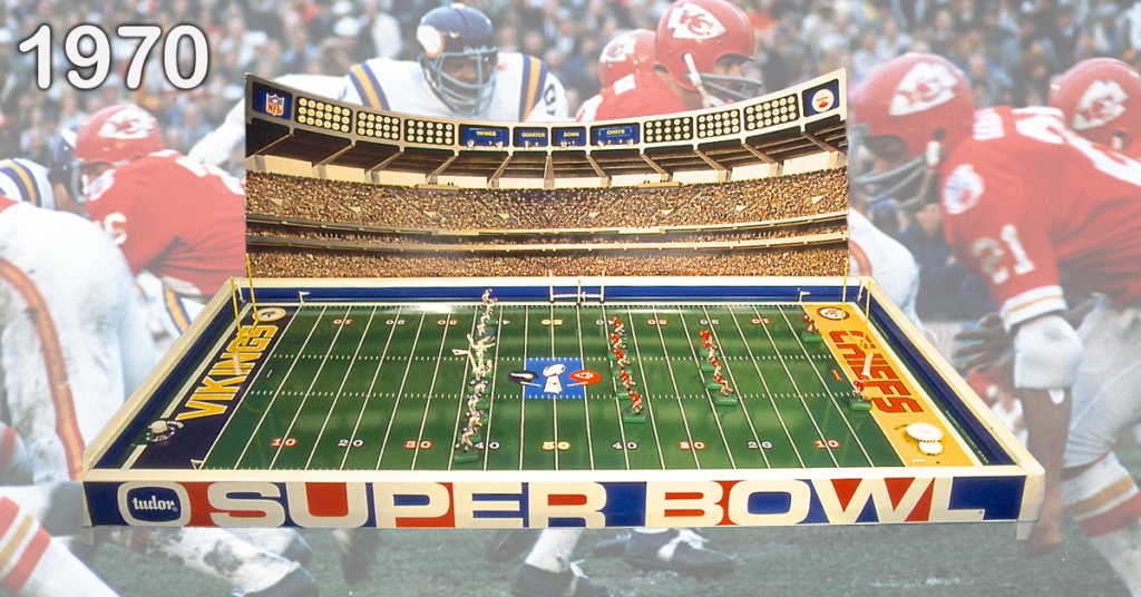 <img alt="1970 Sears-exclusive Tudor Super Bowl Electric Football game Vikings vs. Chiefs">