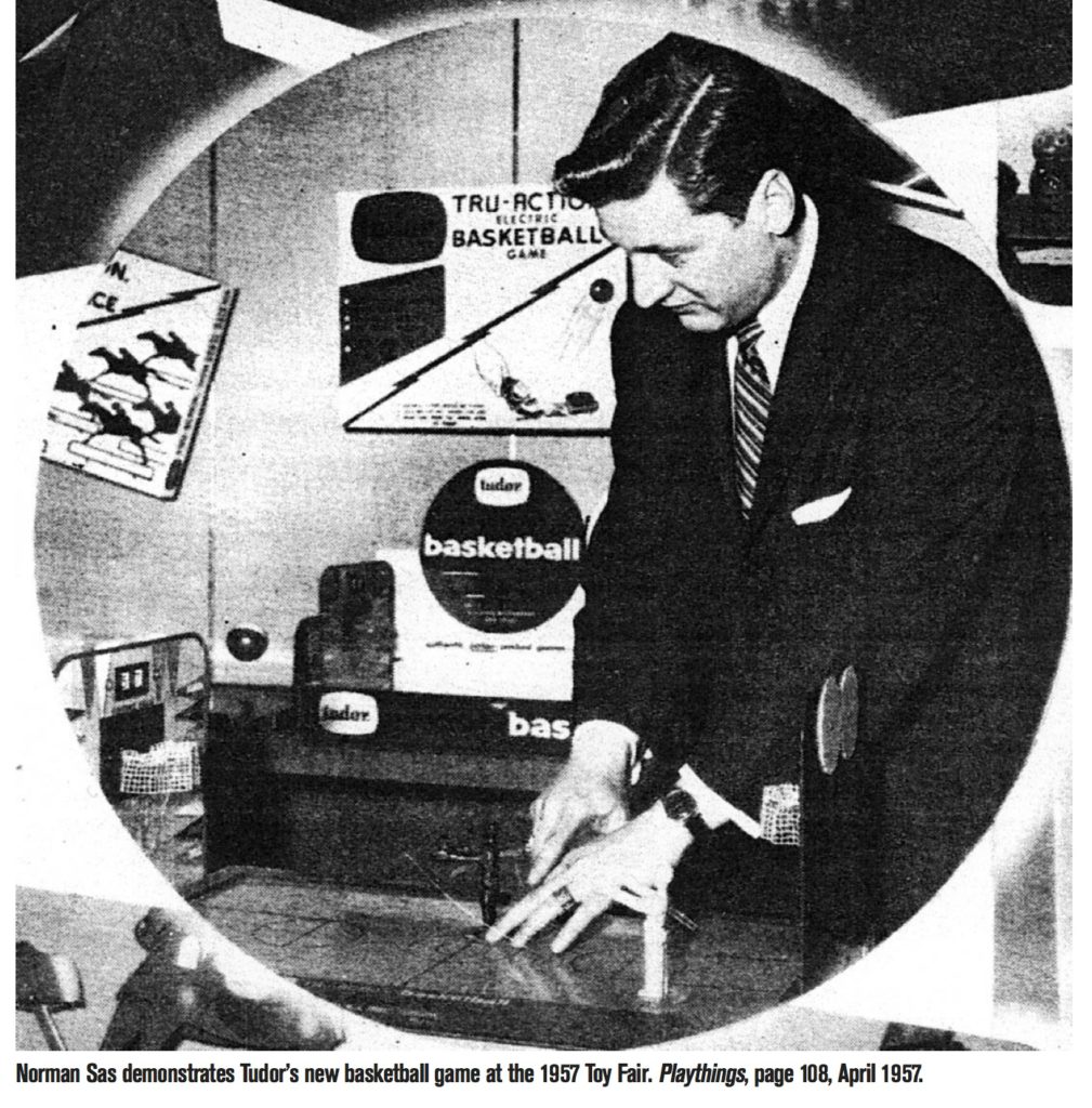 <img alt="Electric Football inventor and Tudor President Norman Sas in the 1957 Toy Fair Booth">