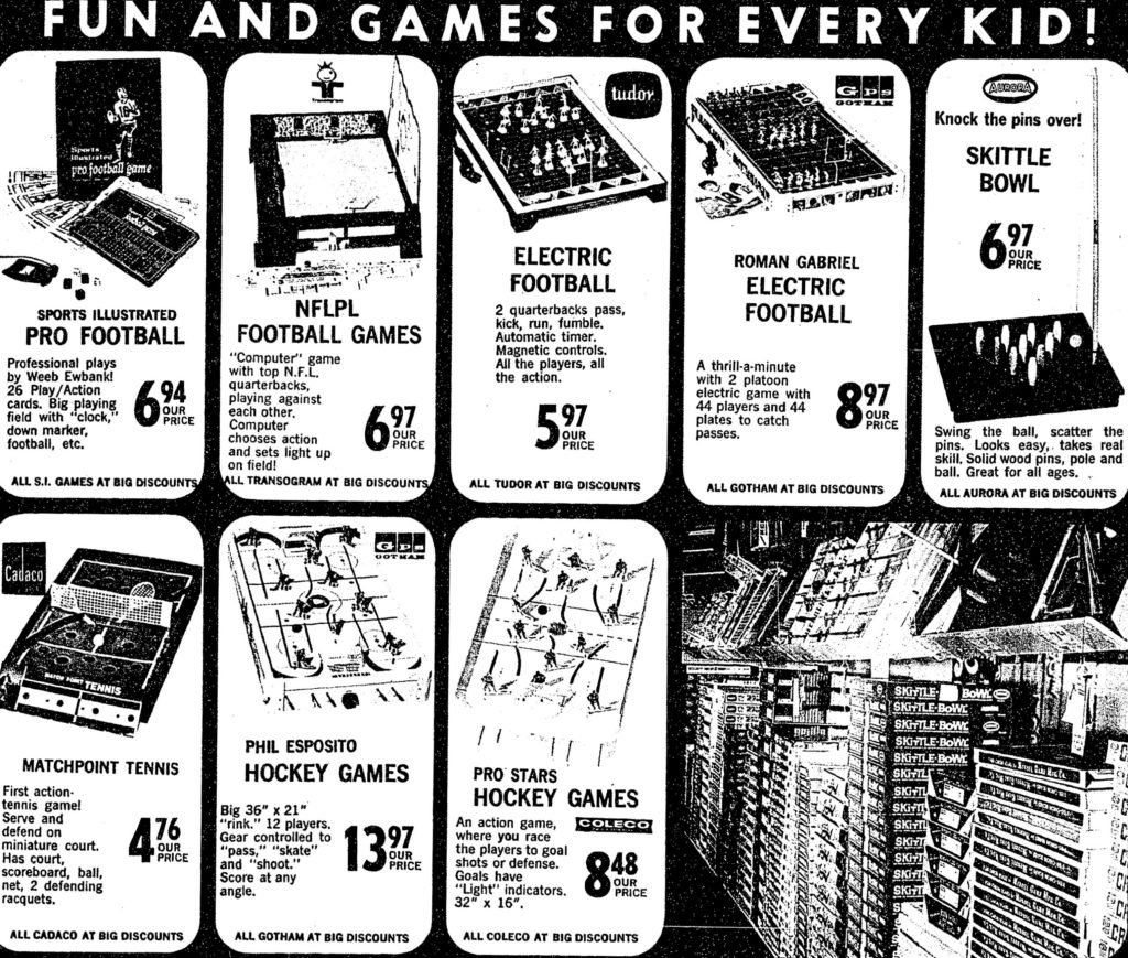 Electric Football 1971 Toys R Us ad with a Tudor 500 and Gotham Roman Gabriel game. Also Gotham and Coleco Hockey games.