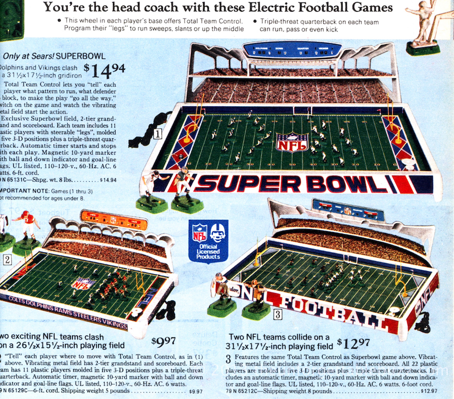 Electric Football Timeline 1974 Tudor NFL Sears Super Bowl